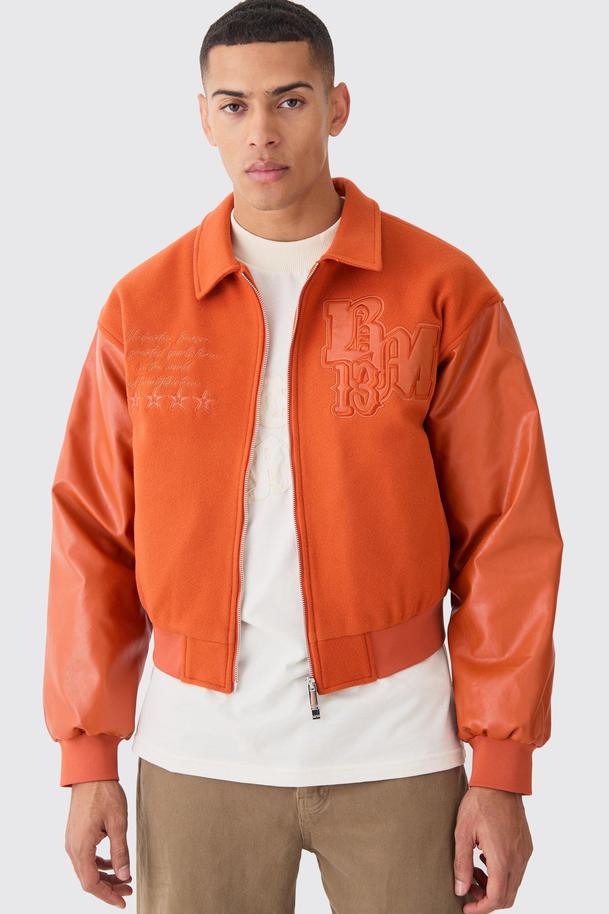 Boxy Melton & Pu Collared Varsity Jacket | boohooMAN USA